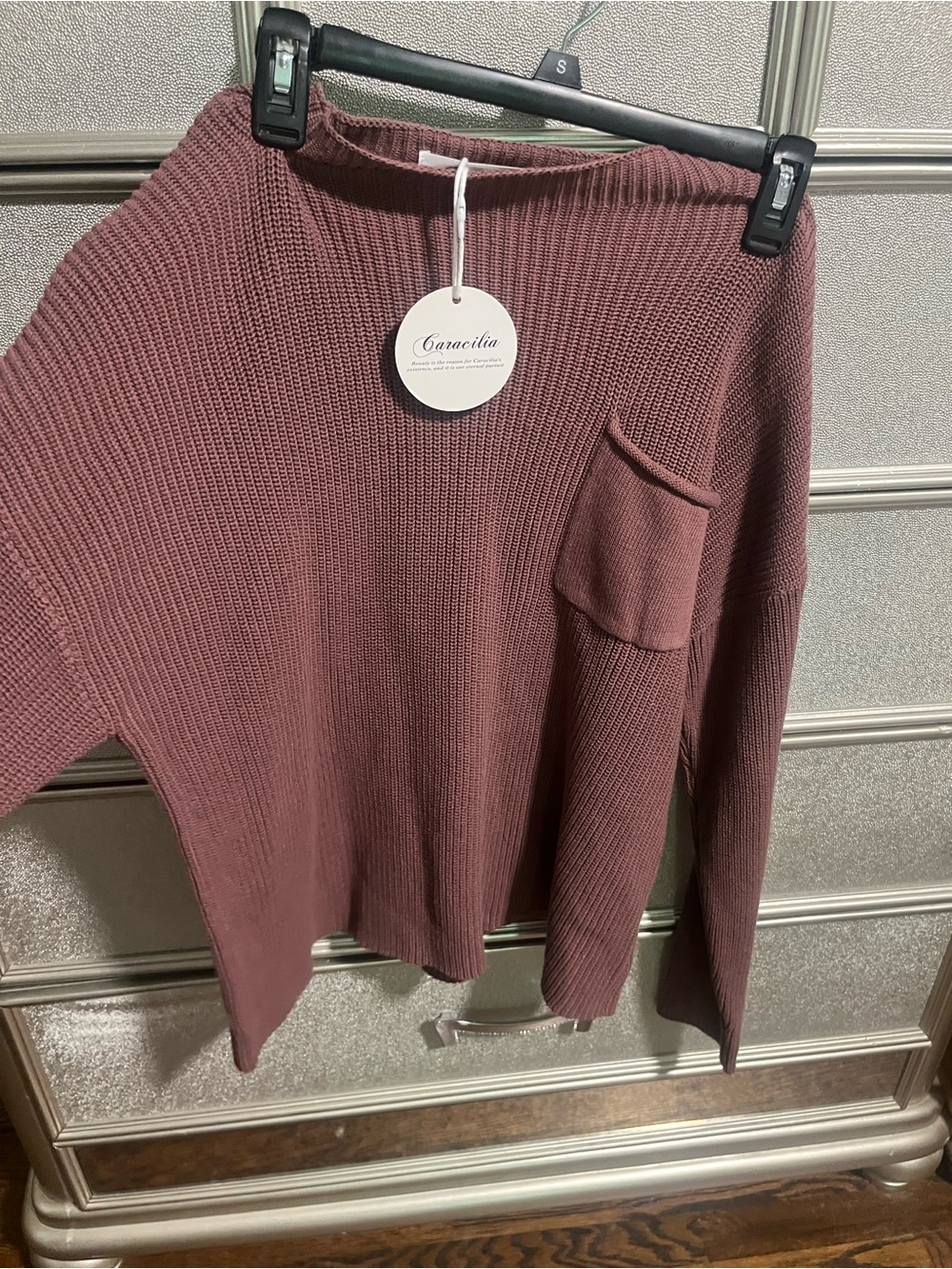 Caracilia Ribbed Crewneck Sweater with Chest Pocket - Mauve